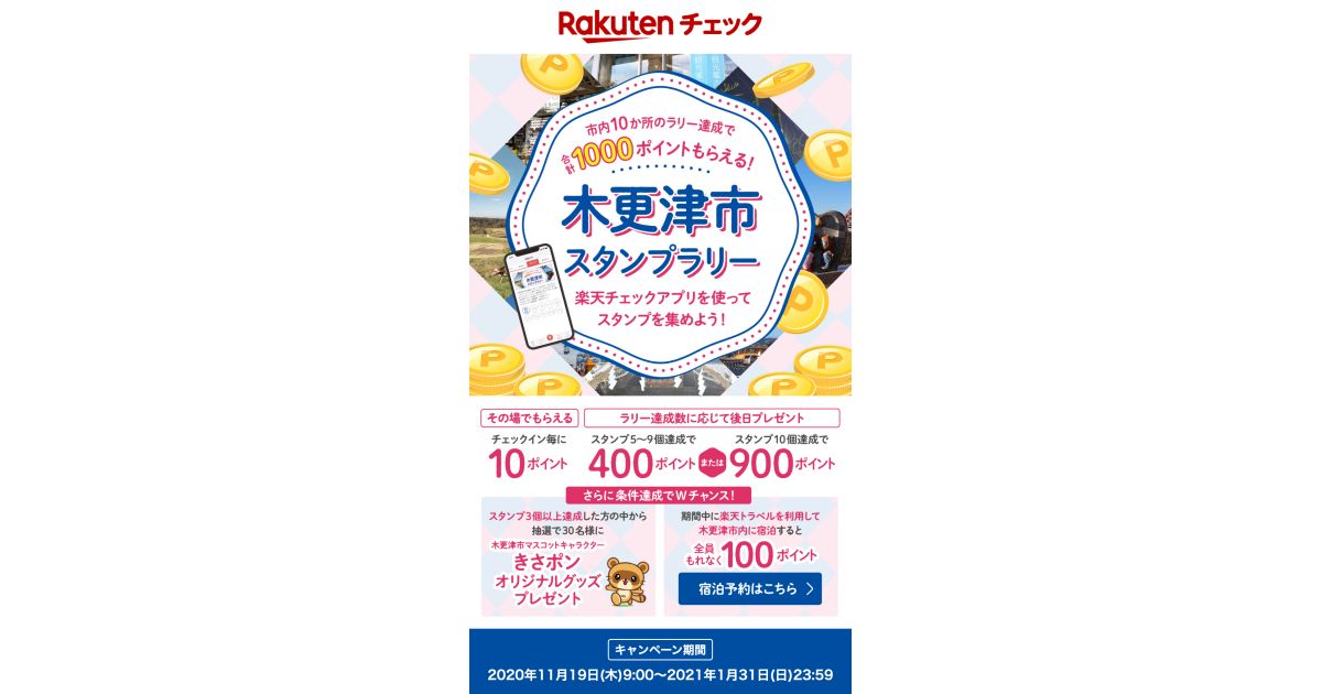 千葉県木更津市で楽天チェックを使ったスタンプラリーが開始　最大1,000ポイント獲得可能