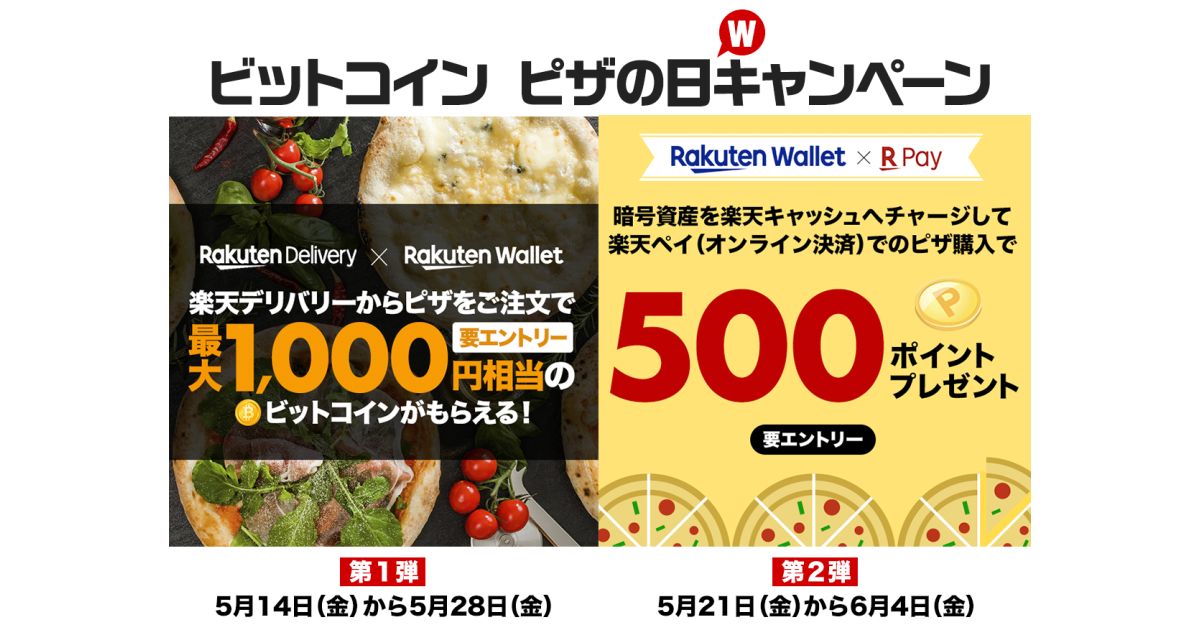楽天と楽天ウォレット、「ビットコインピザの日」を記念して最大1,000円相当のビットコインを獲得できるキャンペーンを実施