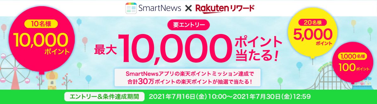 楽天、ニュースアプリ「SmartNews」に楽天リワードの提供を開始　最大1万ポイント当たるキャンペーンも
