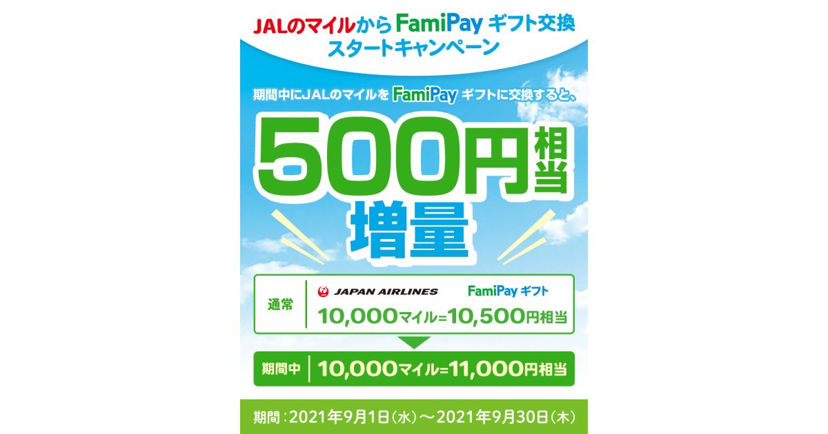 JALのマイルからFamiPayギフトへのポイント交換サービスが開始　交換開始キャンペーンも