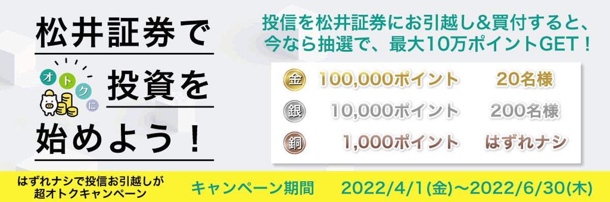 松井証券、投信の引越・買付で最大10万ポイントが当たるキャンペーンを実施