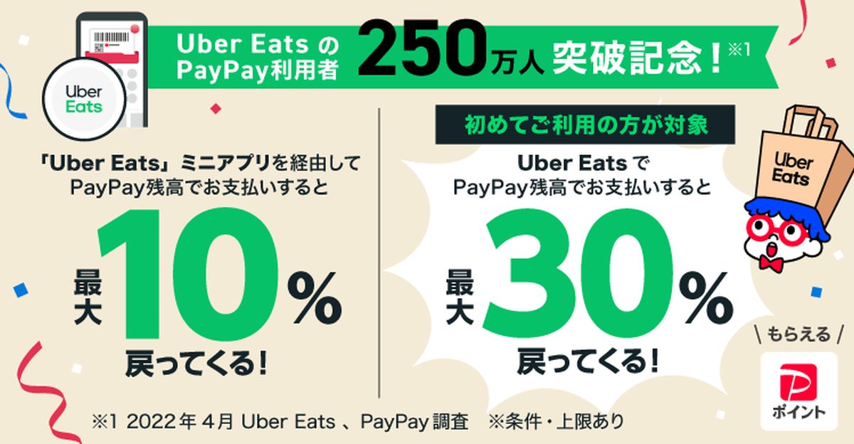 Uber EatsでPayPayを利用するとミニアプリでは最大10％還元となるキャンペーンを実施