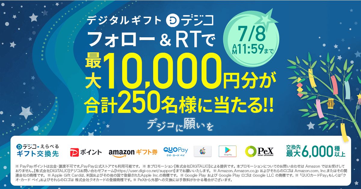 デジタルギフト「デジコ」で最大1万円分が当たるTwitterキャンペーンを実施