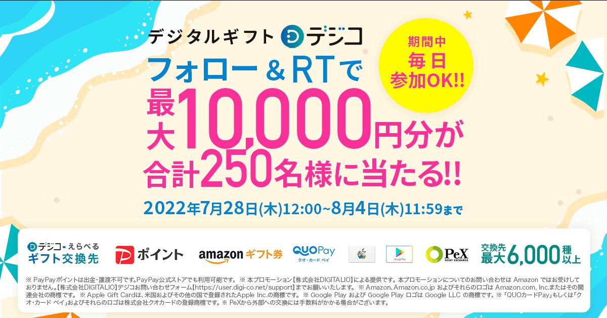 デジコ、Twitterのフォロー＆リツイートで最大1万円分のデジタルギフトが当たるキャンペーンを実施