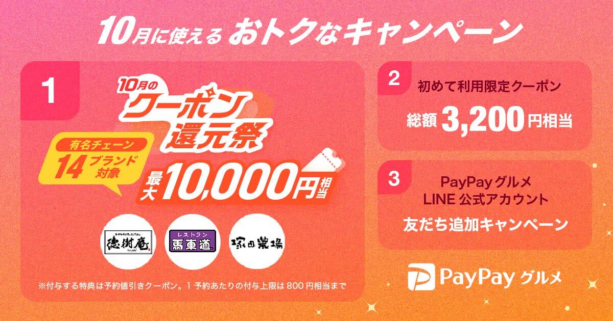 PayPayグルメ、最大1万円分の食事がおトクになるキャンペーン実施
