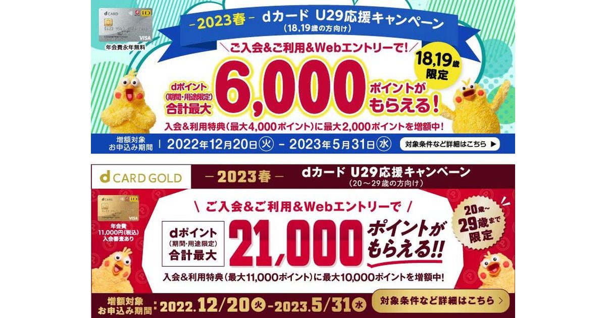 dカード、U29応援キャンペーンとGOLD入会・利用特典増額キャンペーンを実施