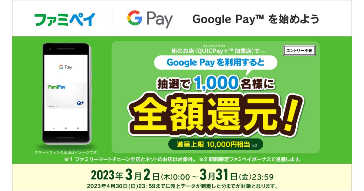ファミペイ、Google Payに登録したバーチャルカードをQUICPay＋加盟店で利用すると抽選で1,000名に全額還元キャンペーンを実施