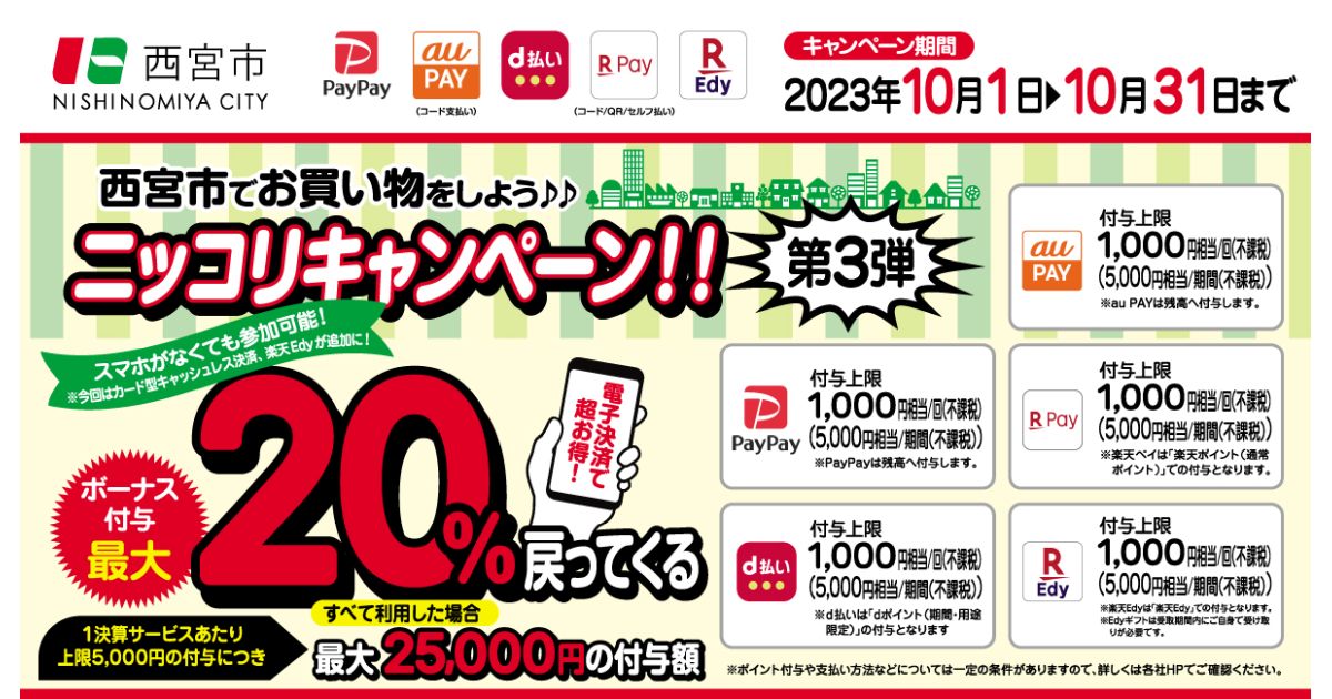 兵庫県西宮市、対象キャッシュレス決済の利用で最大20％還元キャンペーンを実施
