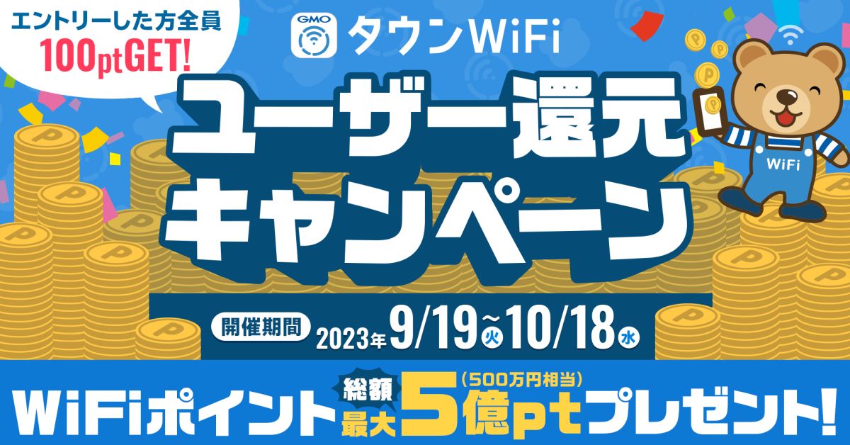 タウンWiF byGMO、最大WiFiポイント1万円分が抽選で当たるキャンペーン実施