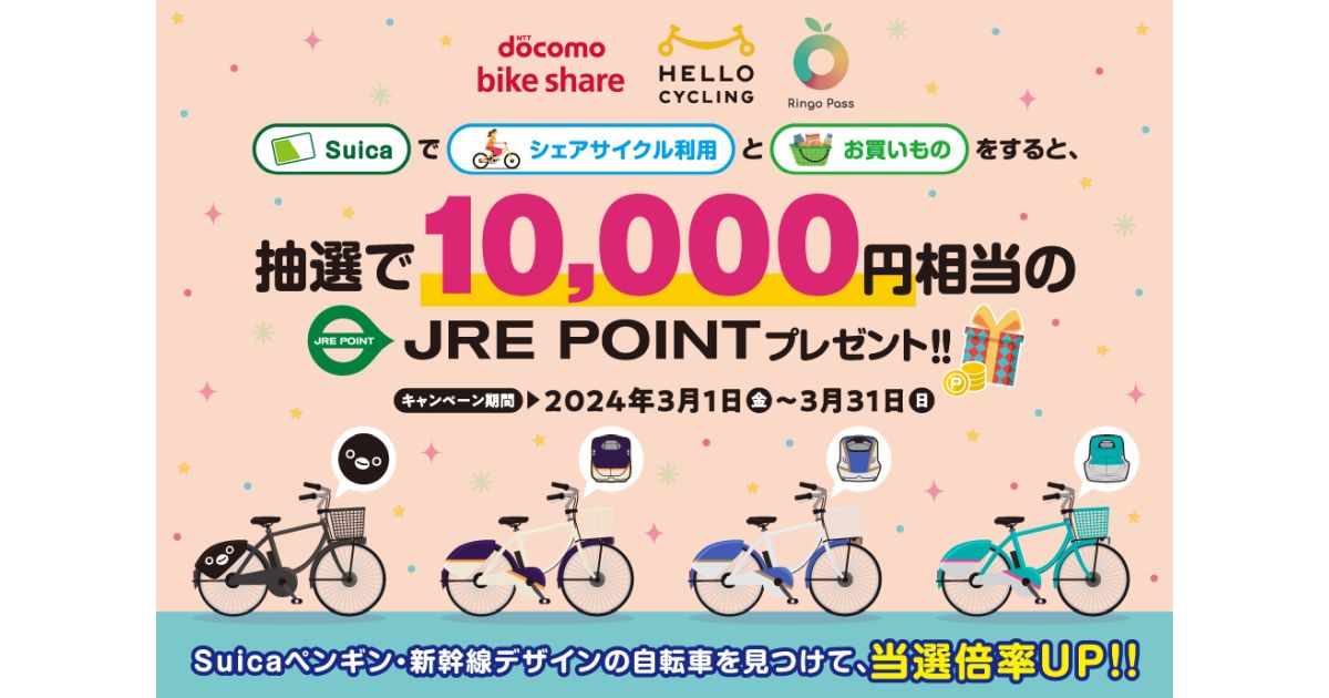 Suicaでシェアサイクル利用と買い物で1万JRE POINTが当たるキャンペーン実施