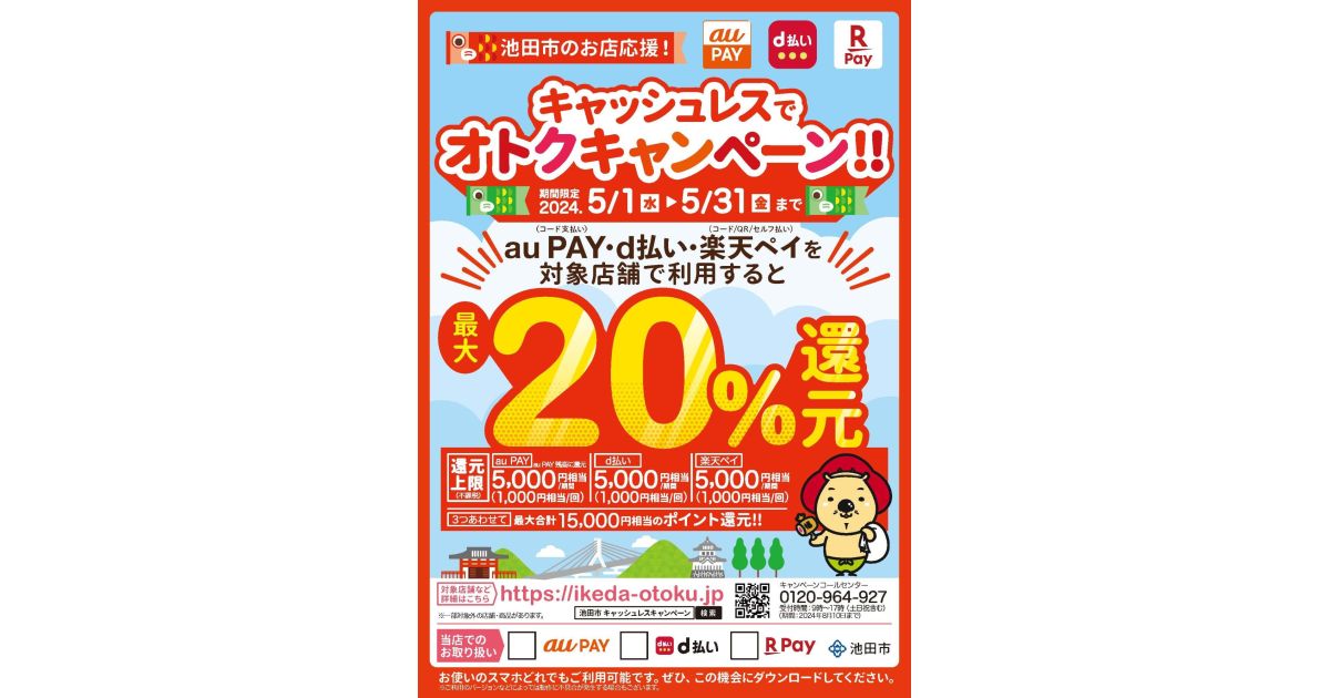 大阪府池田市、対象のコード決済利用で最大20％還元キャンペーンを実施